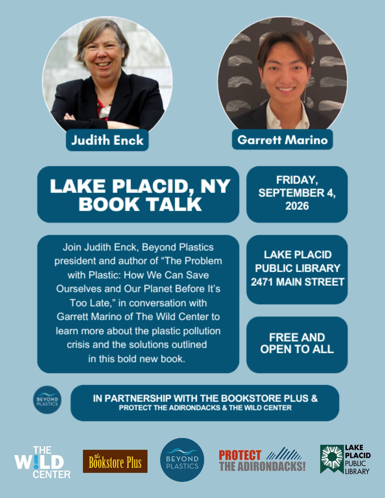 Poster featuring photos of Judith Enck and Garrett Marino.