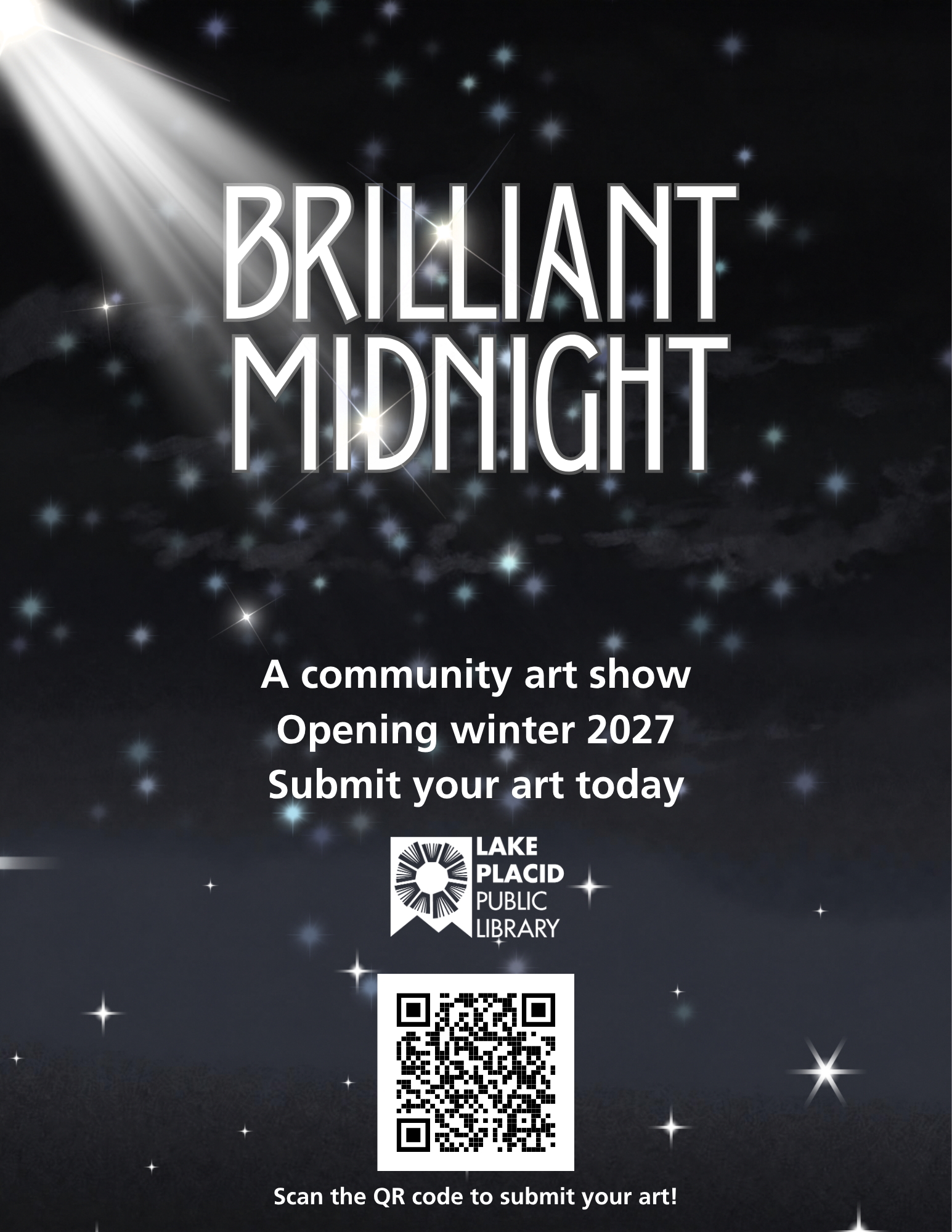 Flyer for Brilliant Midnight gallery, featuring stars and a night sky.
