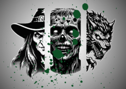 Poster for the Ghoulish Gallery, featuring a witch, a zombie, and werewolf with green paint splatters.