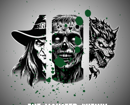 Poster for the Ghoulish Gallery, featuring a witch, a zombie, and werewolf with green paint splatters.