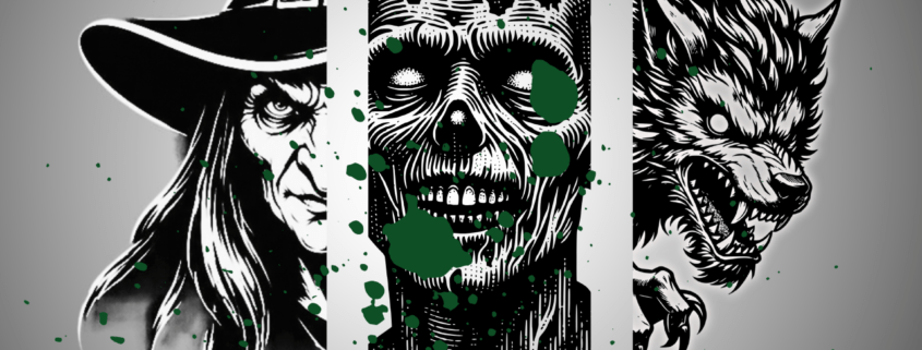 Poster for the Ghoulish Gallery, featuring a witch, a zombie, and werewolf with green paint splatters.